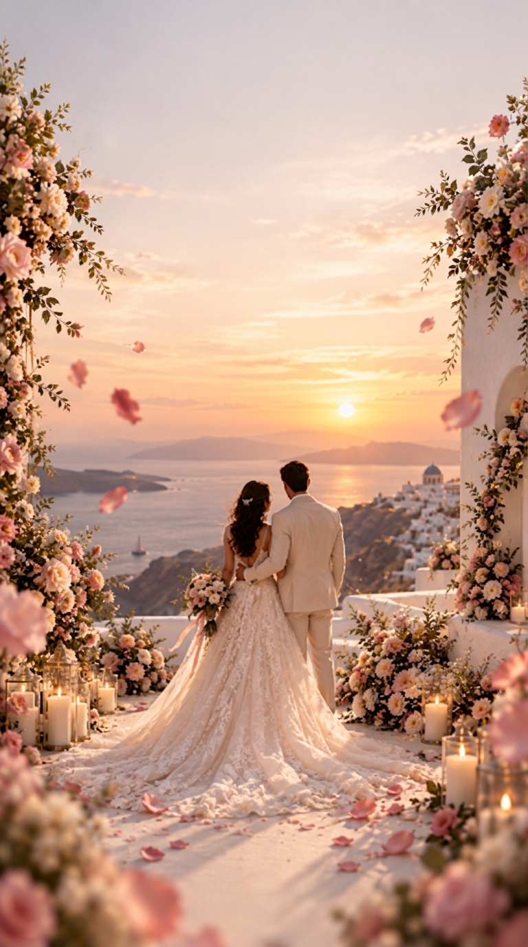 Leticia and Gabriel at sunset framed by Santorini floral arch